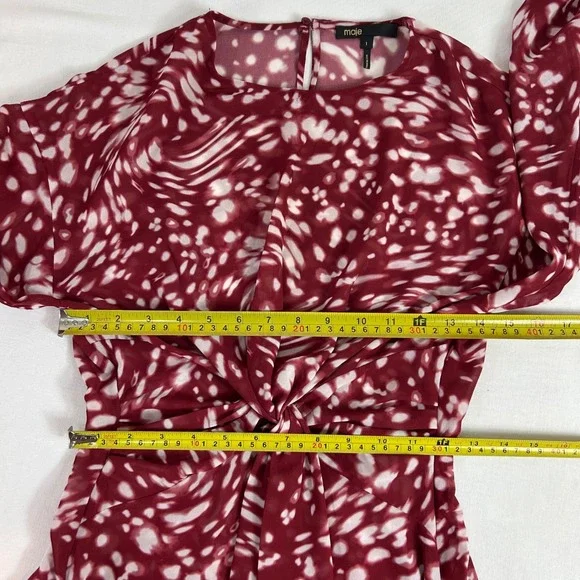 MAJE RIVOLE DRESS Burgundy Red White Print Long Sleeve Midi Dress Size 1 - Picture 7 of 10